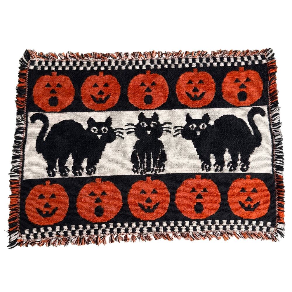 Vintage 90s Halloween Woven Tapestry Placemats Set 4 Cats Witches Ghosts Pumpkin